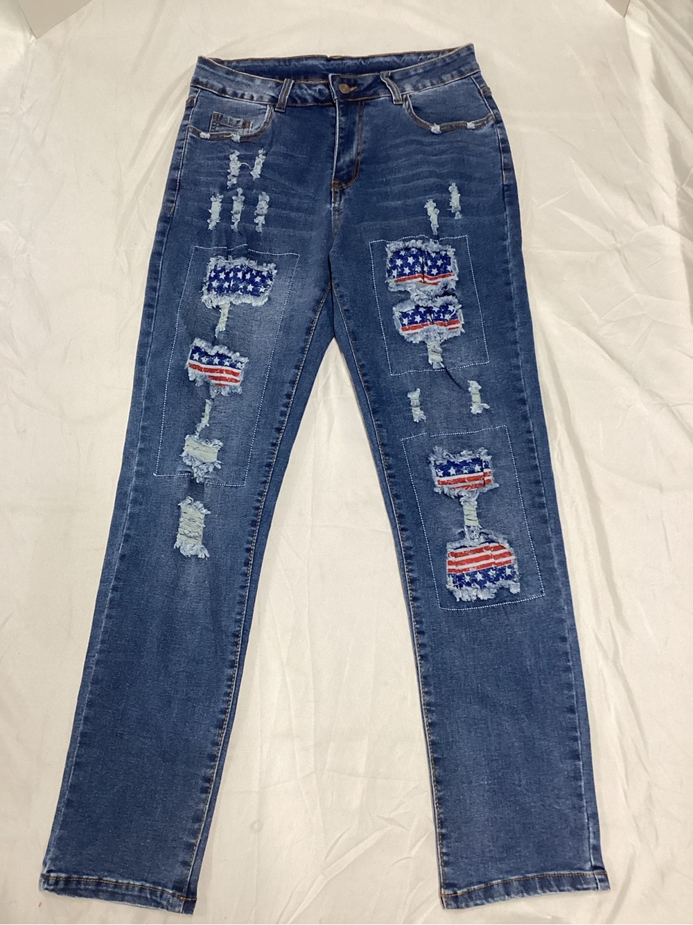 Patriotic stars stripes Distressed Blue Jeans with Flag Patch Detail